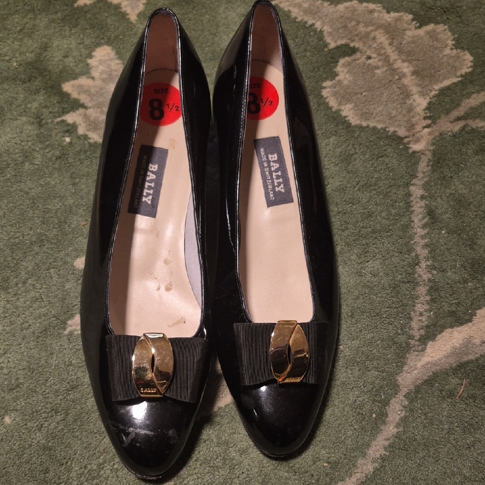 Bally Women's Black Patent Leather Loafers with Gold Buckle